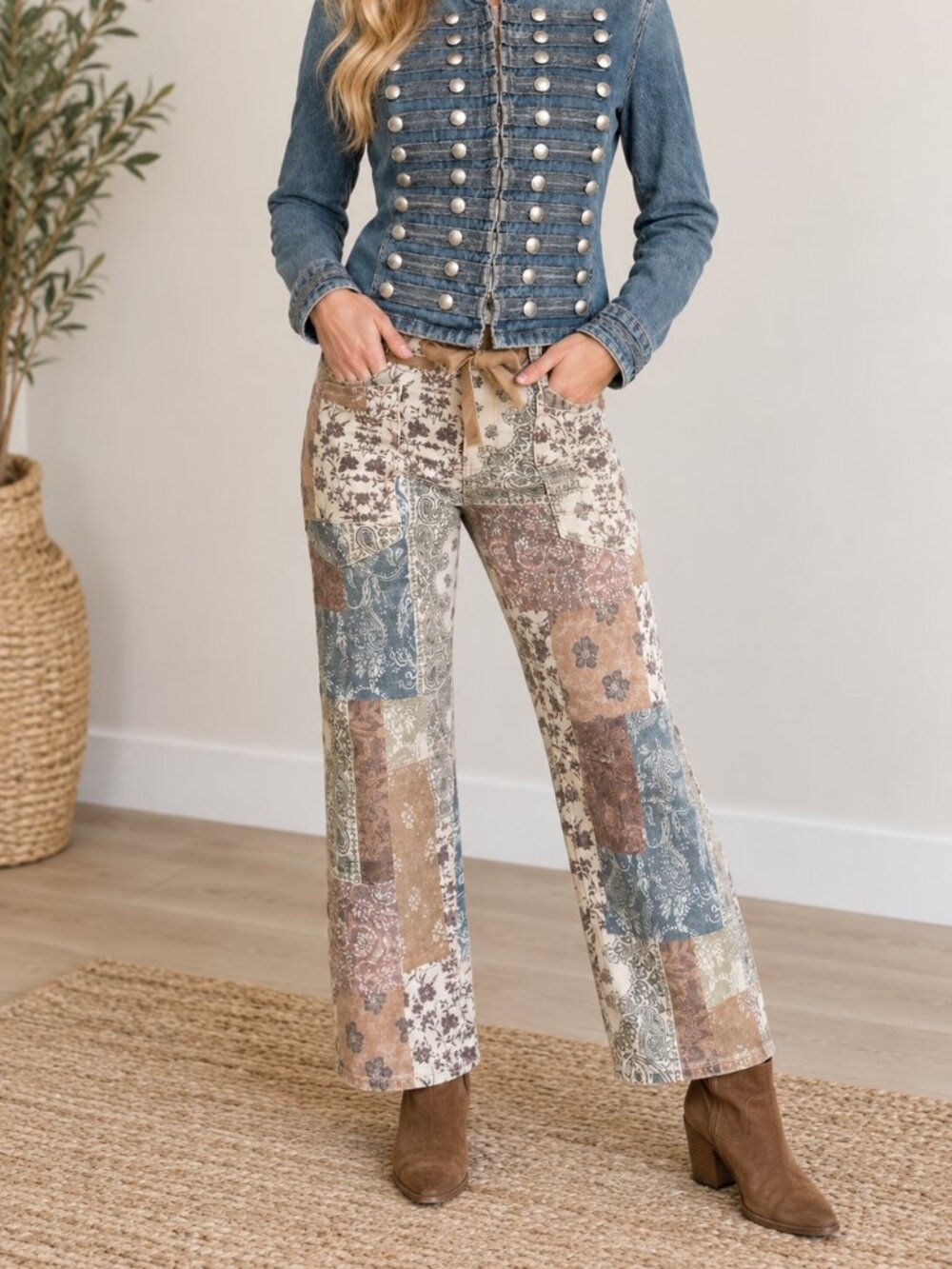621. RISEN Earth Block High Rise Paisley Cropped Barrel Pants